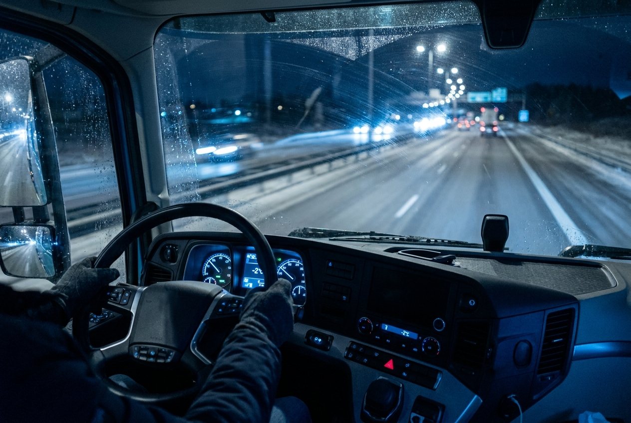 Blick aus der Fahrerkabine auf die nächtliche Autobahn