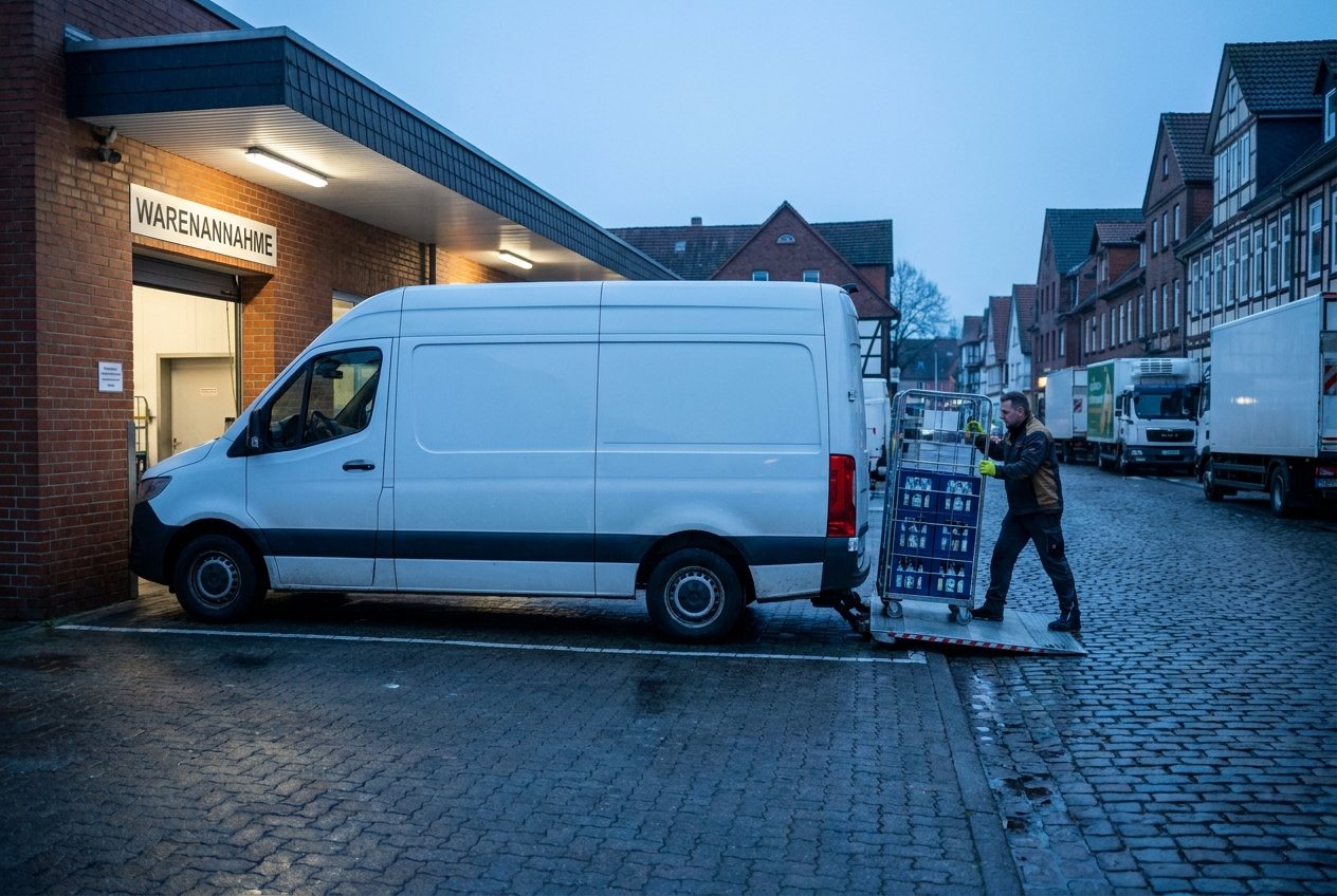 Kühltransporter vor der Warenannahme eines Marktes am frühen Morgen